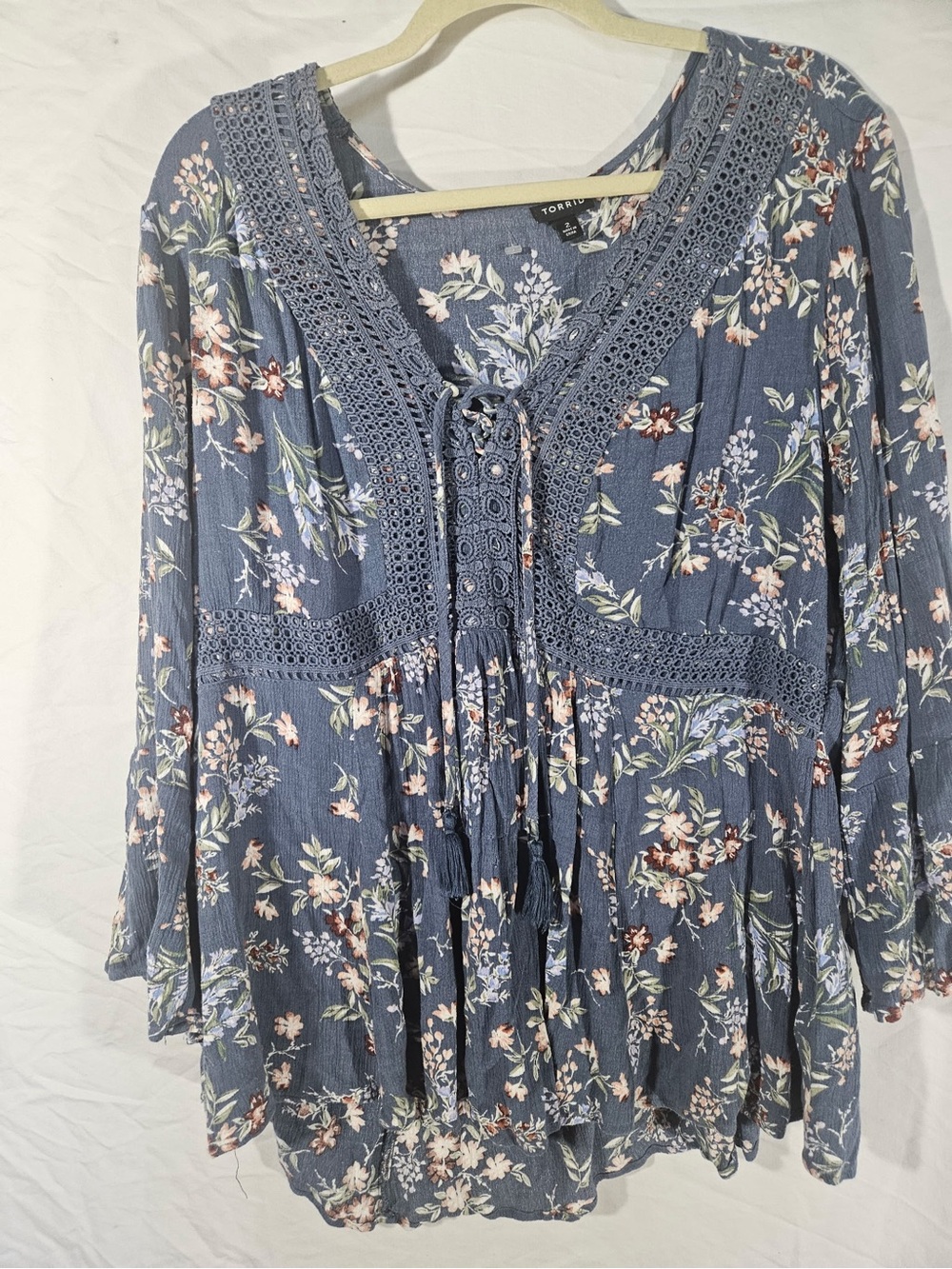 torrid Dusty Blue Floral Crochet-Detail Peasant Top